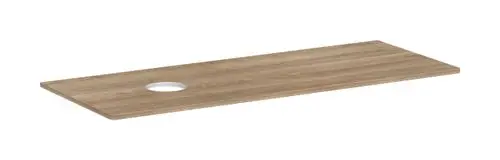 Holzplatte mit Ausschnitt auf der linken Seite, geeignet für einen Aufsatzwaschtisch. Hansgrohe bietet praktische Lösungen für Bad- und Sanitärbereiche.
